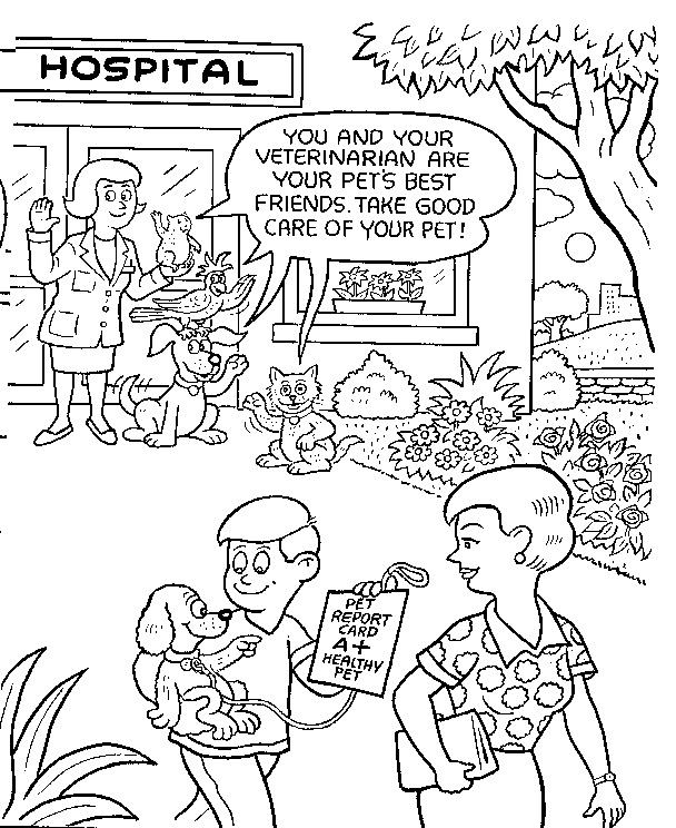 Coloriage d'un hôpital avec des personnages et des équipements médicaux