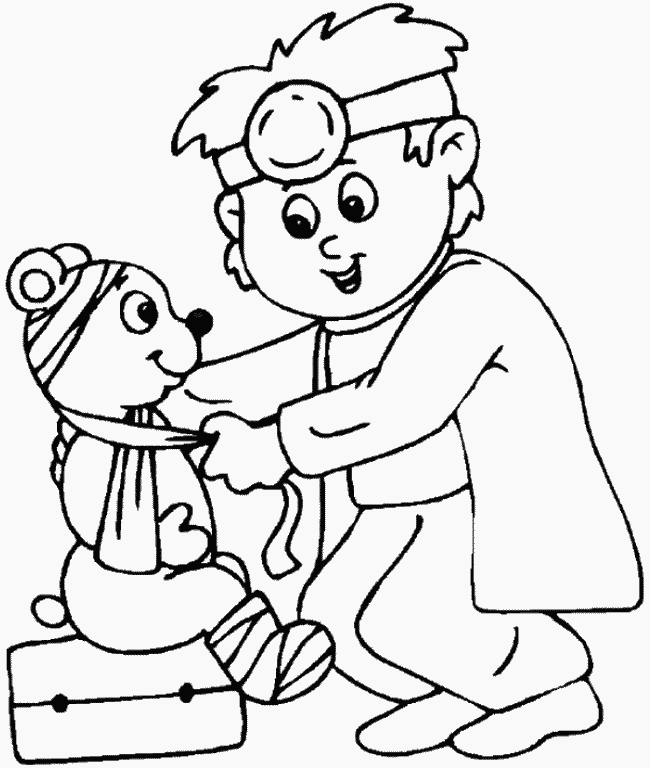 Coloriage d'un hôpital avec des enfants et des professionnels de santé