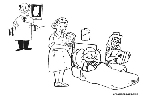 Coloriage d'un hôpital avec des enfants et un médecin