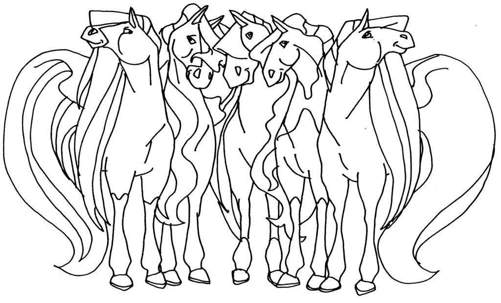 Scène de chevaux à la ferme avec des enfants en train de colorier