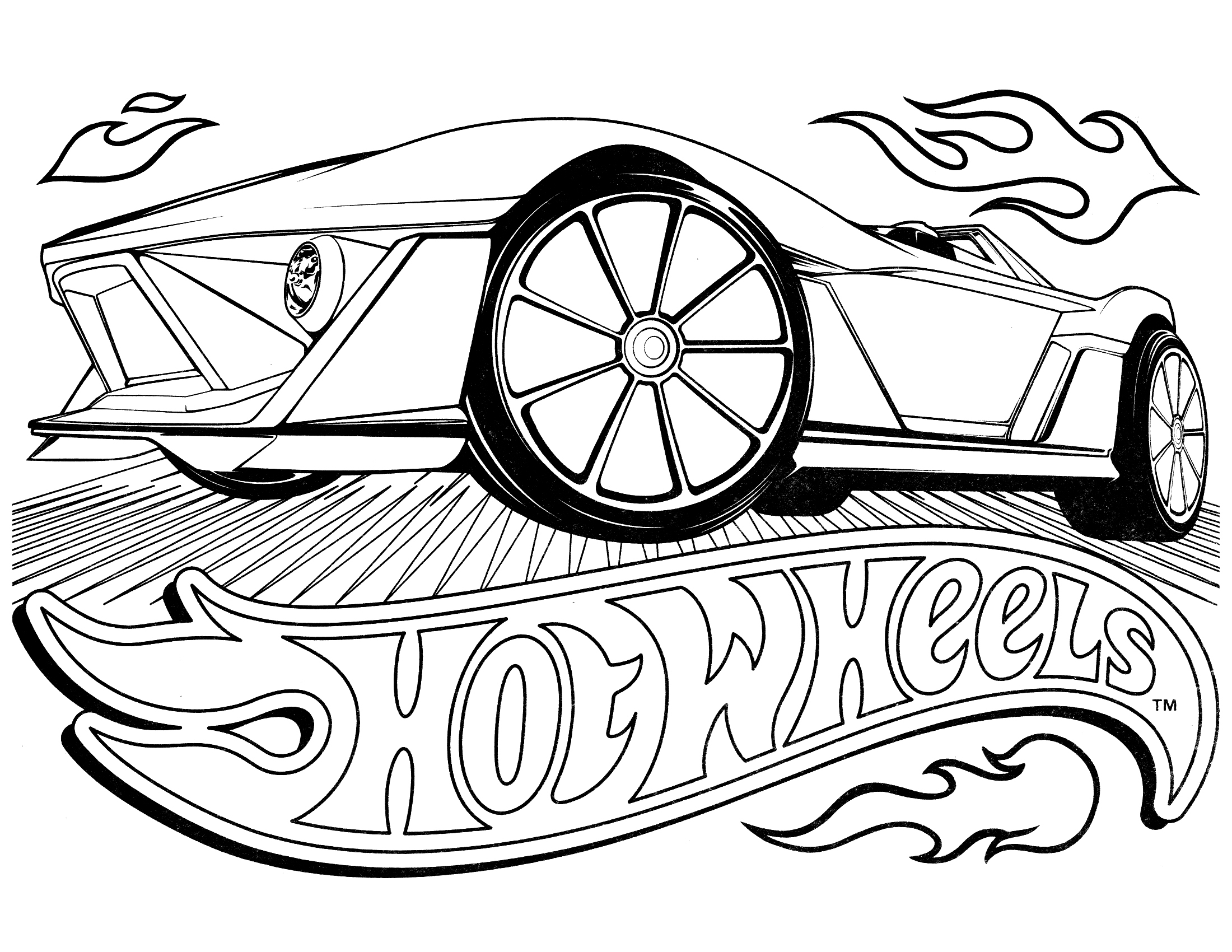 Coloriage d'une voiture Hot Wheels en pleine course sur un circuit