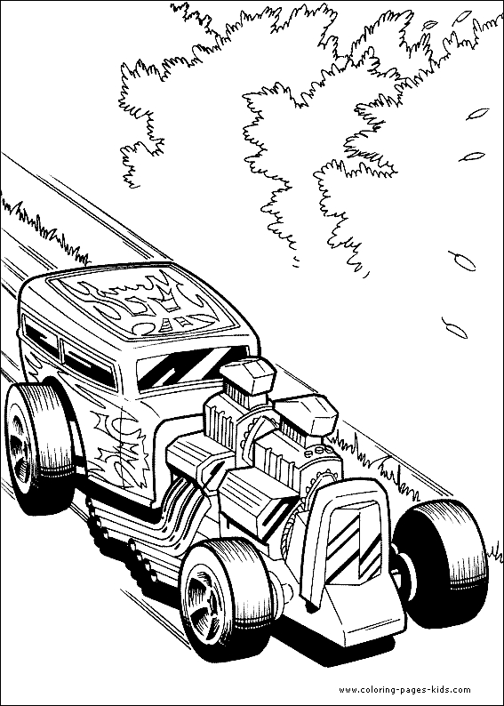 Coloriage d'une voiture Hot Wheels en pleine course sur un circuit