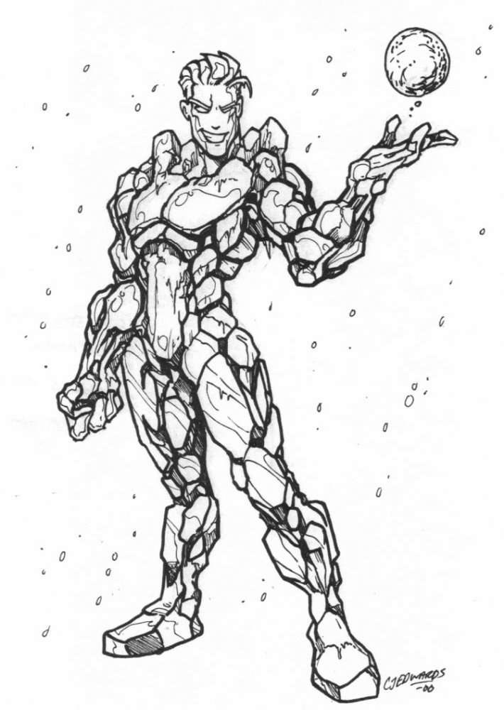 Coloriage d'Iceman en pleine action dans un décor urbain