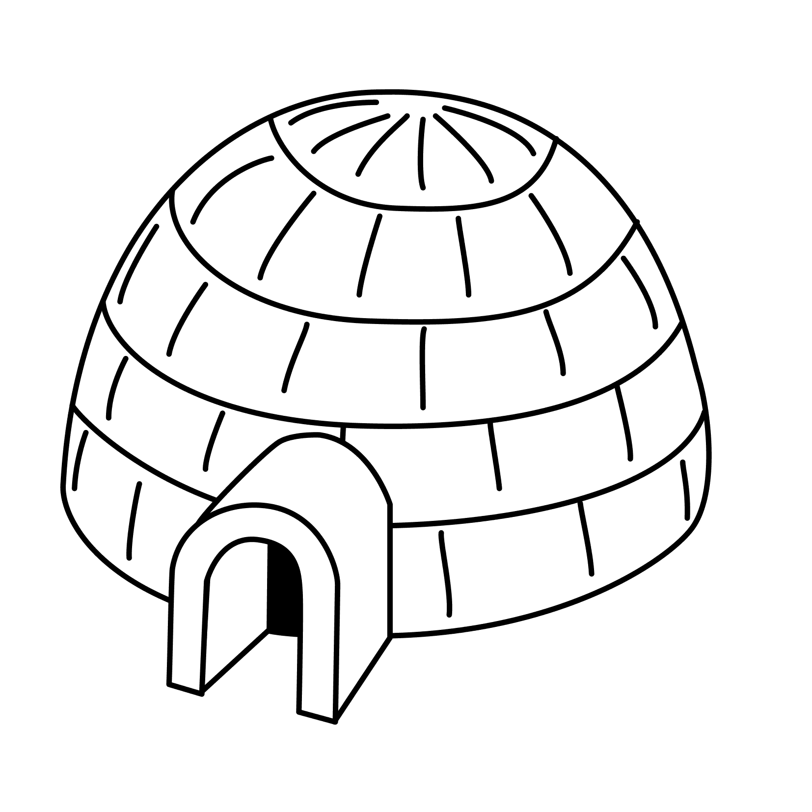 Coloriage d'un igloo entouré de neige et d'arbres
