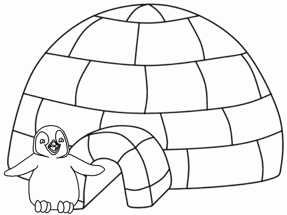 Coloriage d'un igloo entouré de montagnes et de flocons de neige