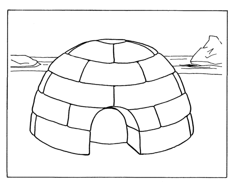 Coloriage d'un igloo sous un ciel étoilé avec des flocons de neige