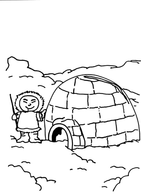 Coloriage d’un igloo entouré de montagnes enneigées