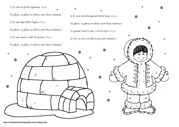 Coloriage d'un igloo entouré de neige et d'un paysage hivernal