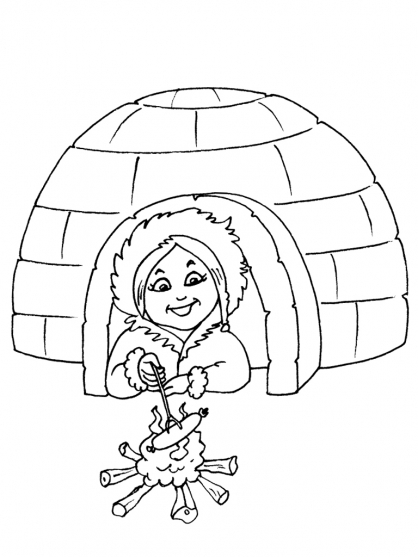 Coloriage d'un igloo entouré de paysages enneigés