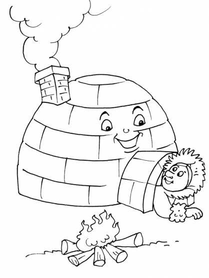Coloriage d'un igloo entouré de neige et de sapins