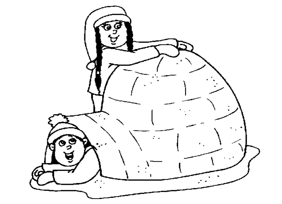 Coloriage d'un igloo entouré de neige et de sapins