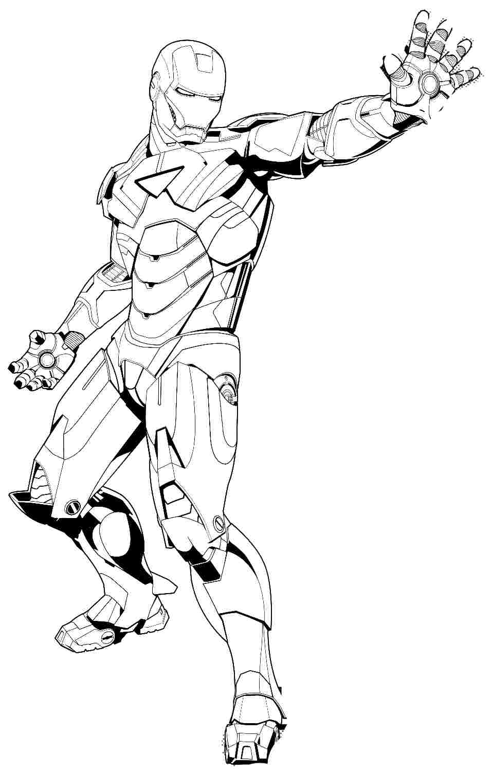 Coloriage d'Iron Man en pleine action dans un décor futuriste