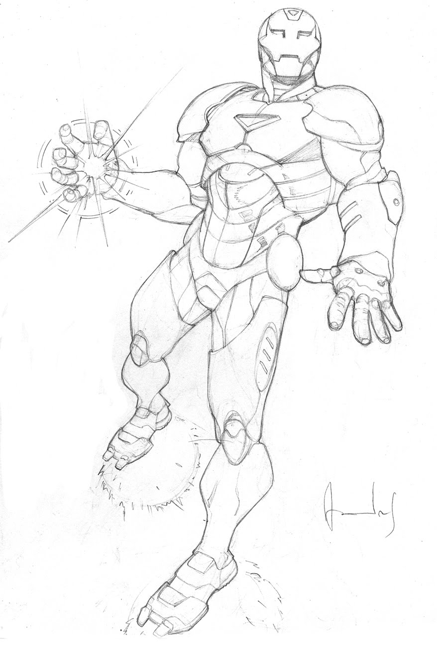 Coloriage d'Iron Man en pleine action dans un décor futuriste