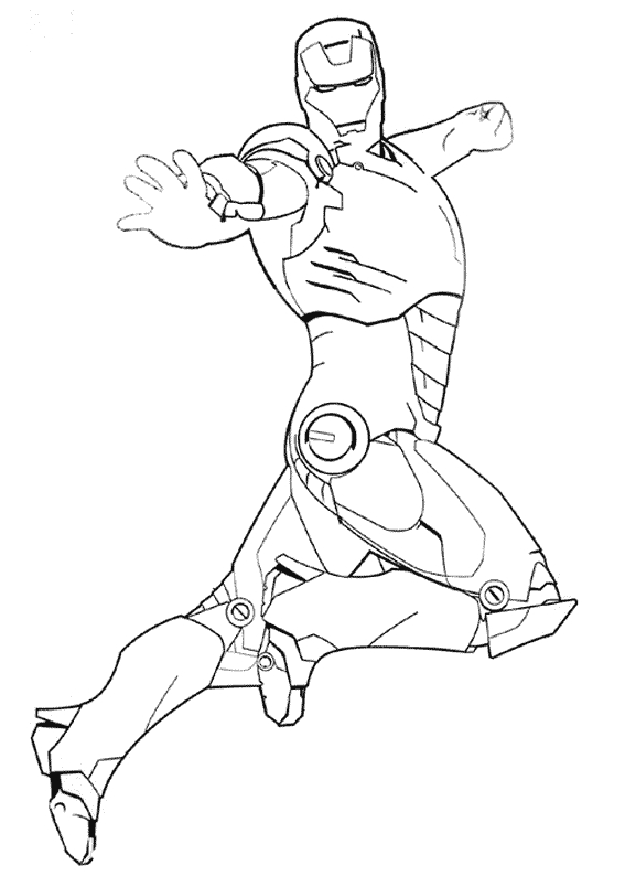 Coloriage d'Iron Man en pleine action dans son armure emblématique Coloriage d'Iron Man en pleine action dans son armure emblématique