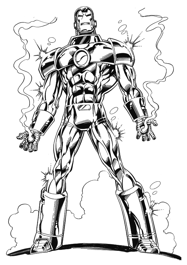 Coloriage d'Iron Man en pleine action dans un décor futuriste