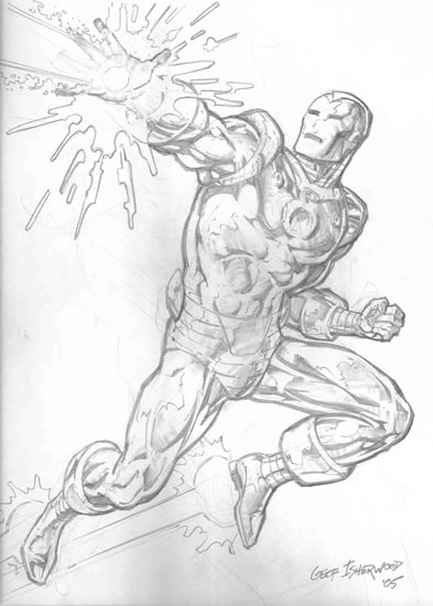 Coloriage d'Iron Man en pleine action dans un décor dynamique
