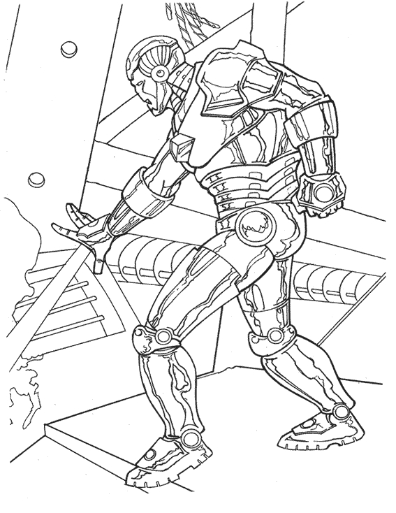 Coloriage d'Iron Man en pleine action dans un décor futuriste