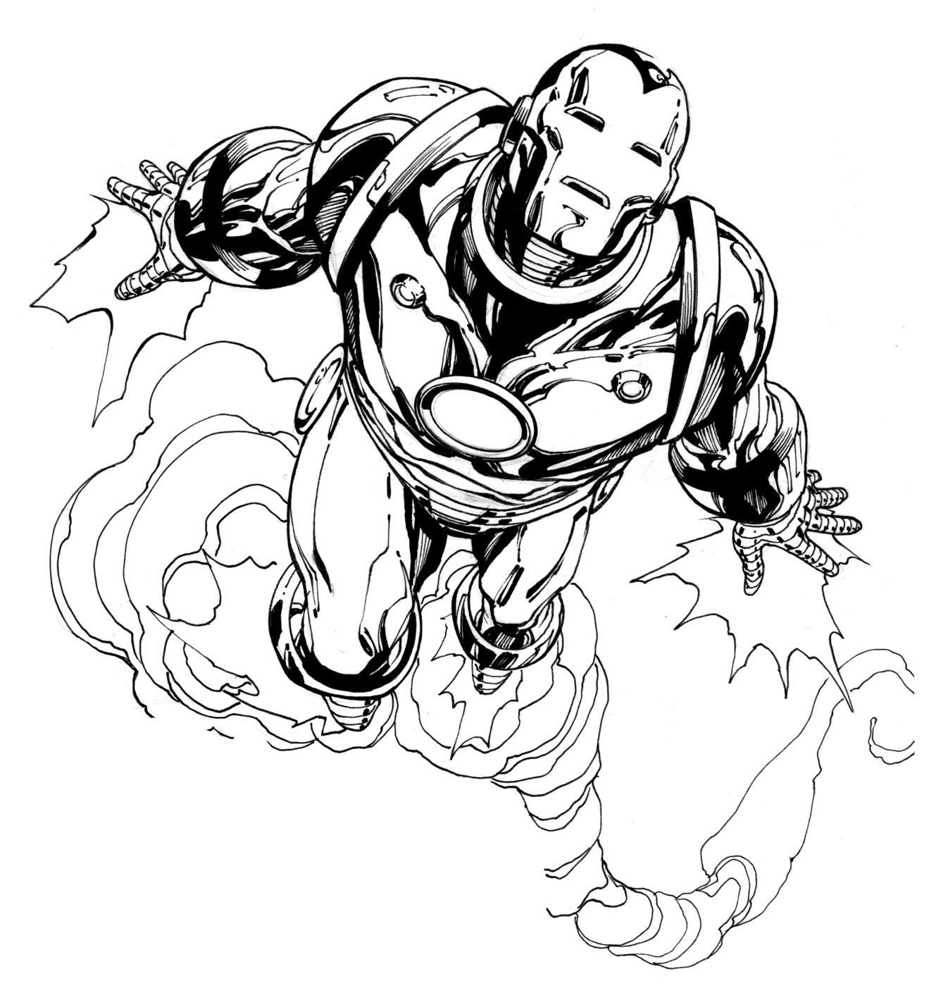 Coloriage d'Iron Man prêt à l'action dans son armure emblématique