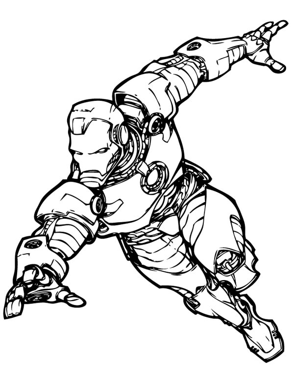Coloriage d'Iron Man en plein vol avec un fond dynamique