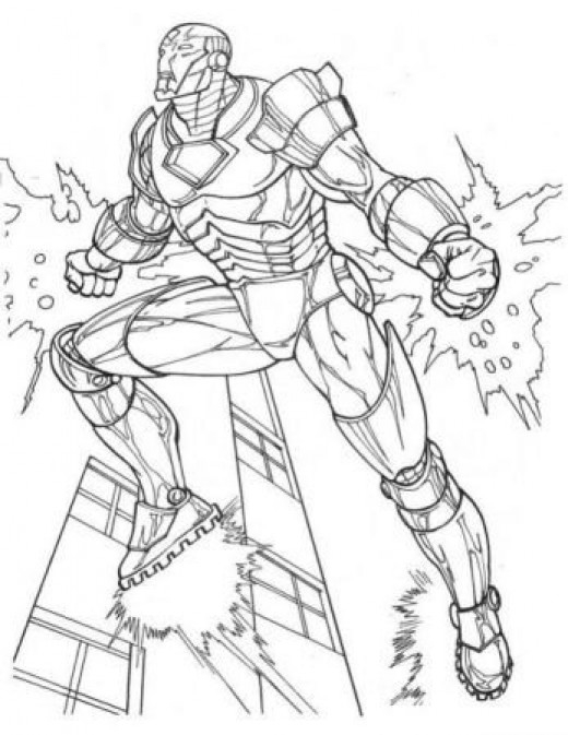 Coloriage d'Iron Man en pleine action, prêt à s'envoler
