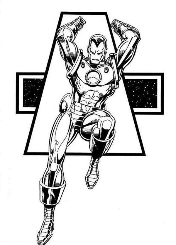 Coloriage d'Iron Man en pleine action avec son armure emblématique