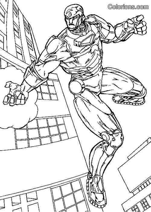 Coloriage d'Iron Man en plein vol avec son armure emblématique