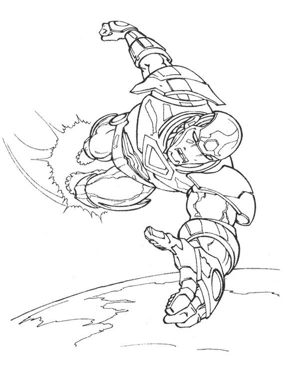 Coloriage d'Iron Man en pleine action dans un décor futuriste