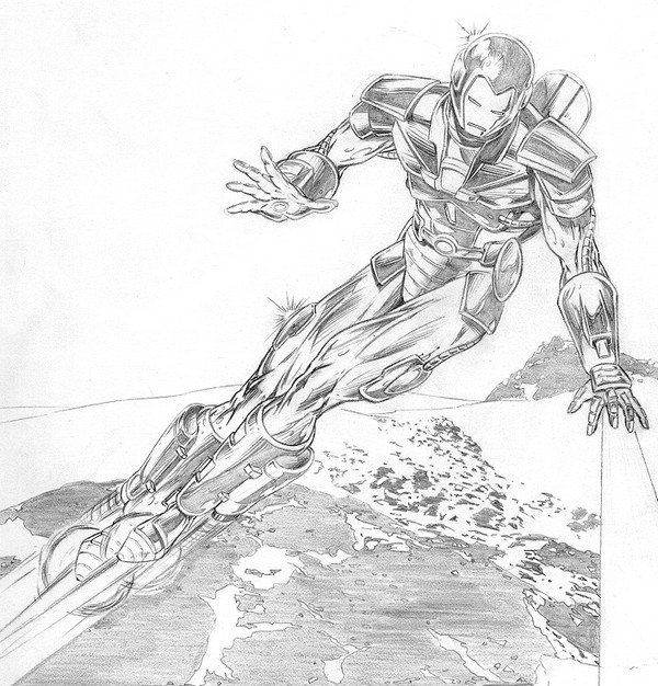Coloriage d'Iron Man en pleine action dans un environnement dynamique