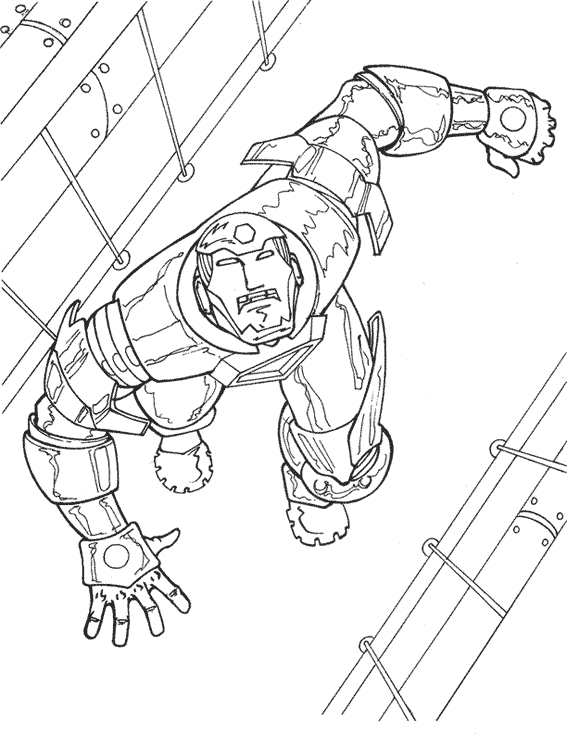 Coloriage d'Iron Man en plein vol dans un ciel dynamique