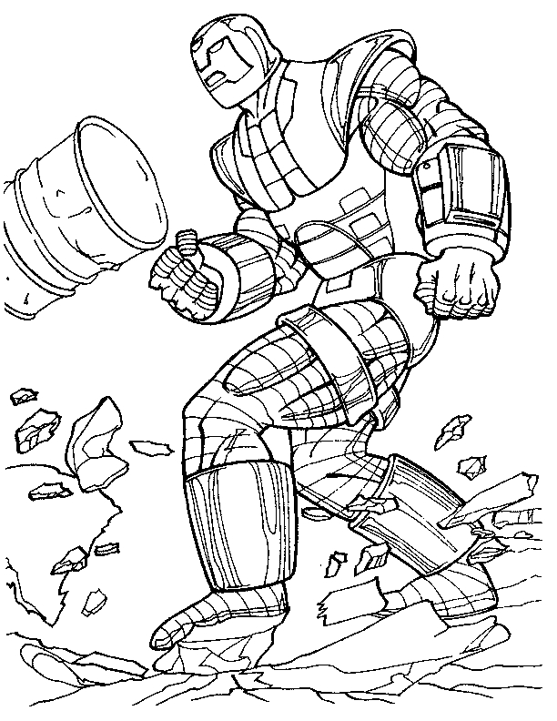 Coloriage d'Iron Man en pleine action face à un décor futuriste