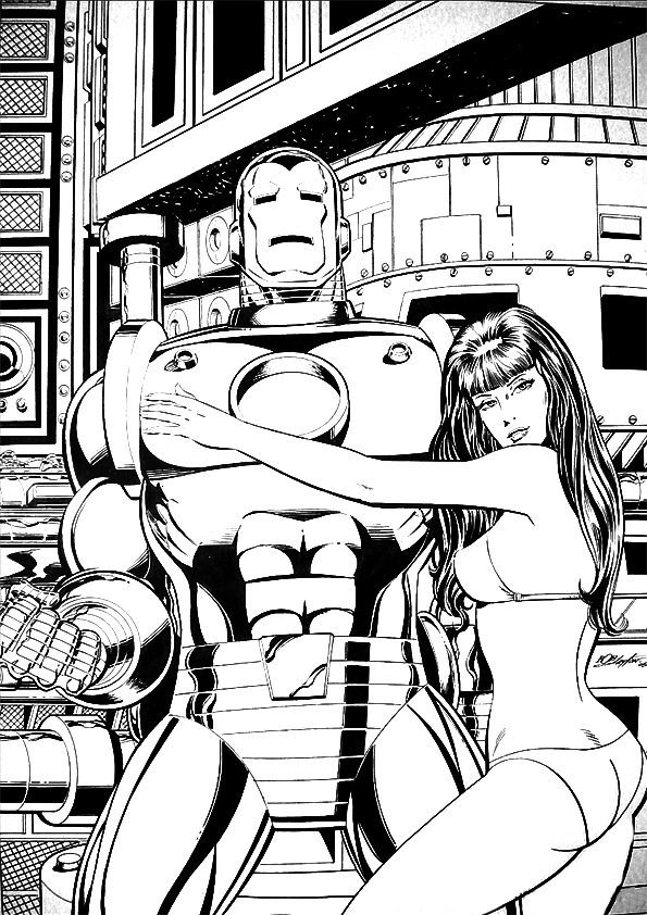 Coloriage d'Iron Man en pleine action dans un décor futuriste