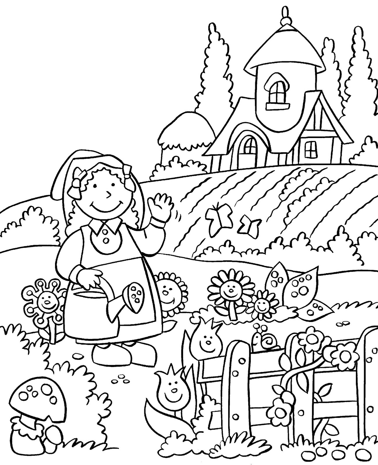 Coloriage d’un jardin luxuriant avec des fleurs et un papillon