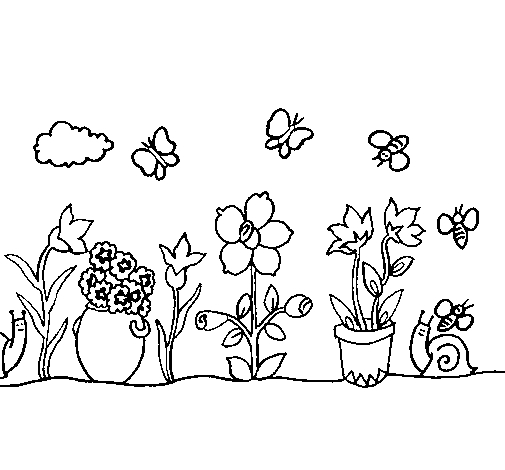 Coloriage d'un jardin luxuriant avec des fleurs et un papillon