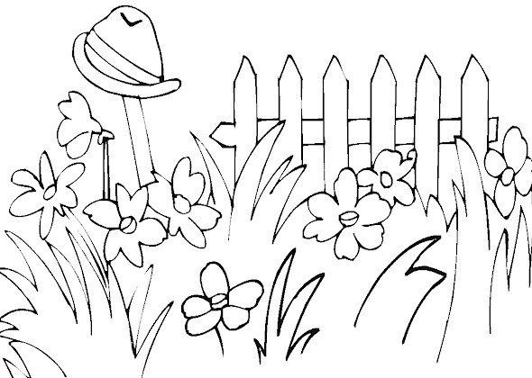 Coloriage d'un jardin luxuriant avec fleurs et insectes Coloriage d'un jardin luxuriant avec fleurs et insectes