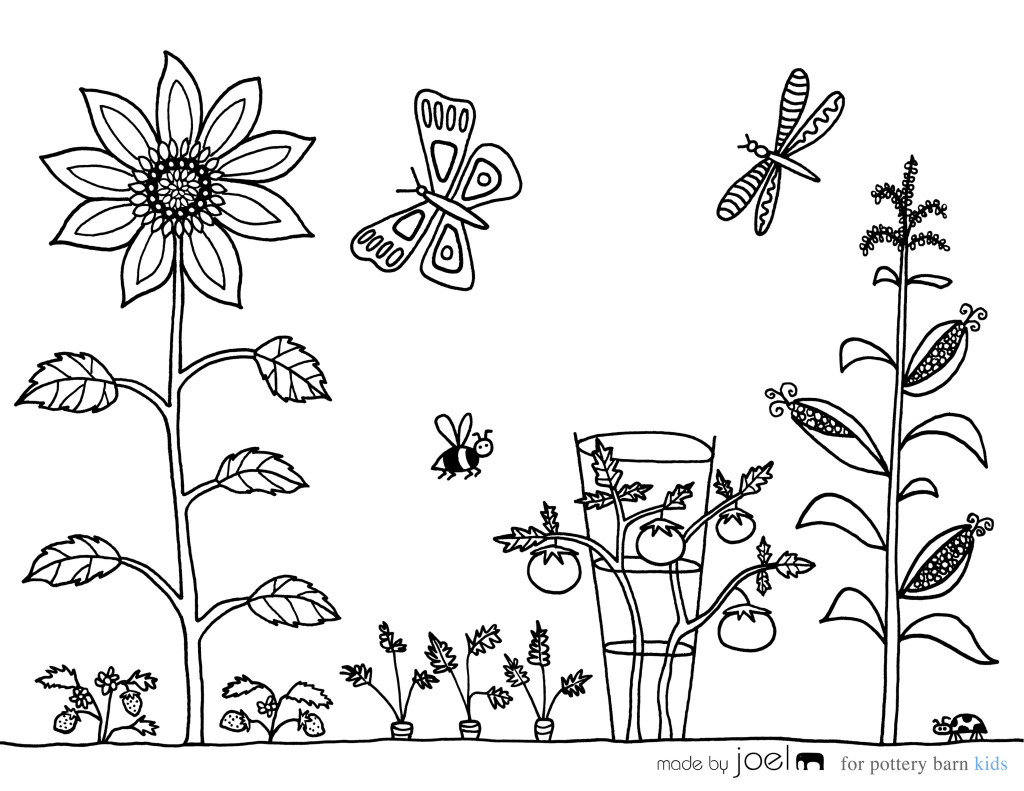 Scène de jardin avec fleurs et oiseaux à colorier Scène de jardin avec fleurs et oiseaux à colorier