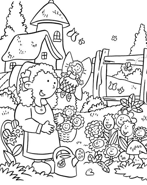 Un jardin fleuri avec des enfants s'amusant à colorier