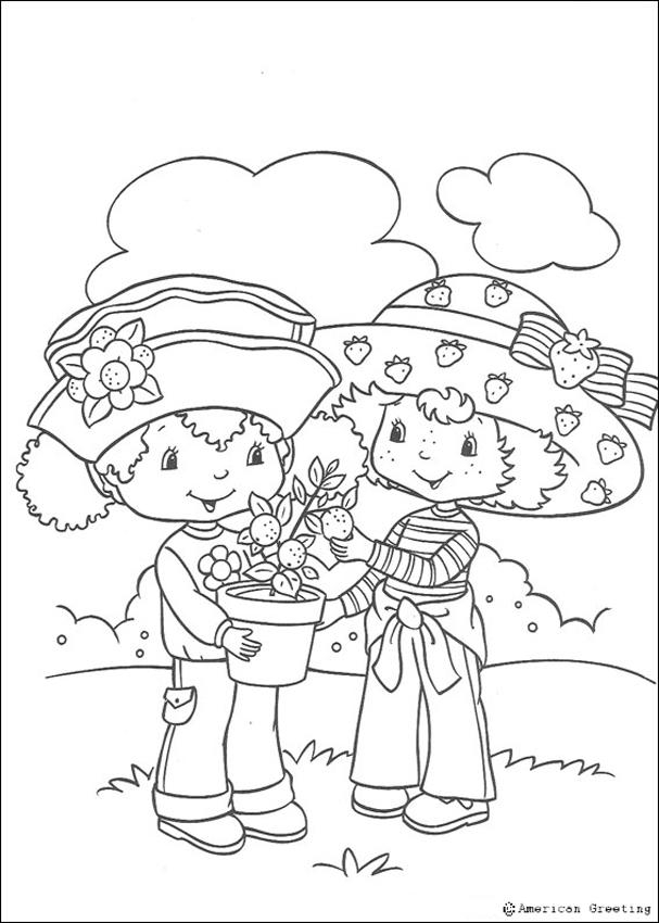 Coloriage d'un jardin avec des fleurs, un arbre et un papillon