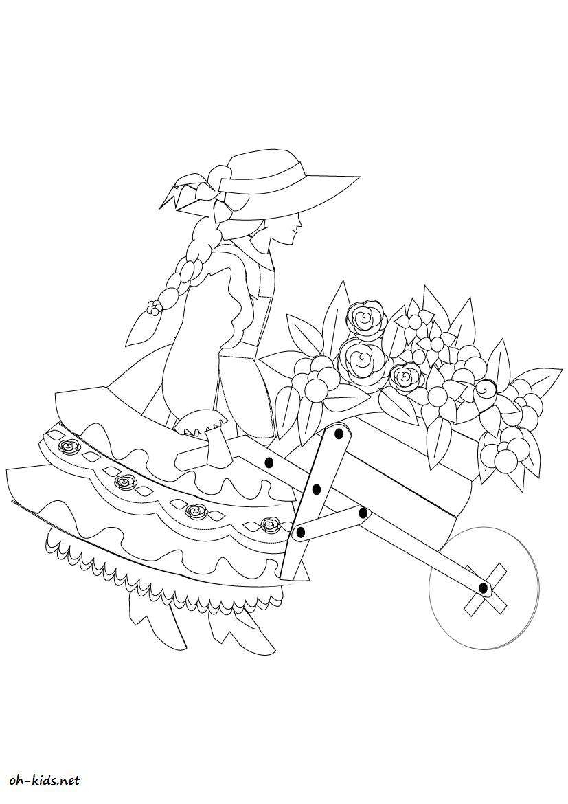 Coloriage d'un jardin luxuriant avec des fleurs et des arbres