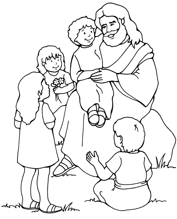 Coloriage de Jésus enseignant avec des enfants dans un paysage paisible