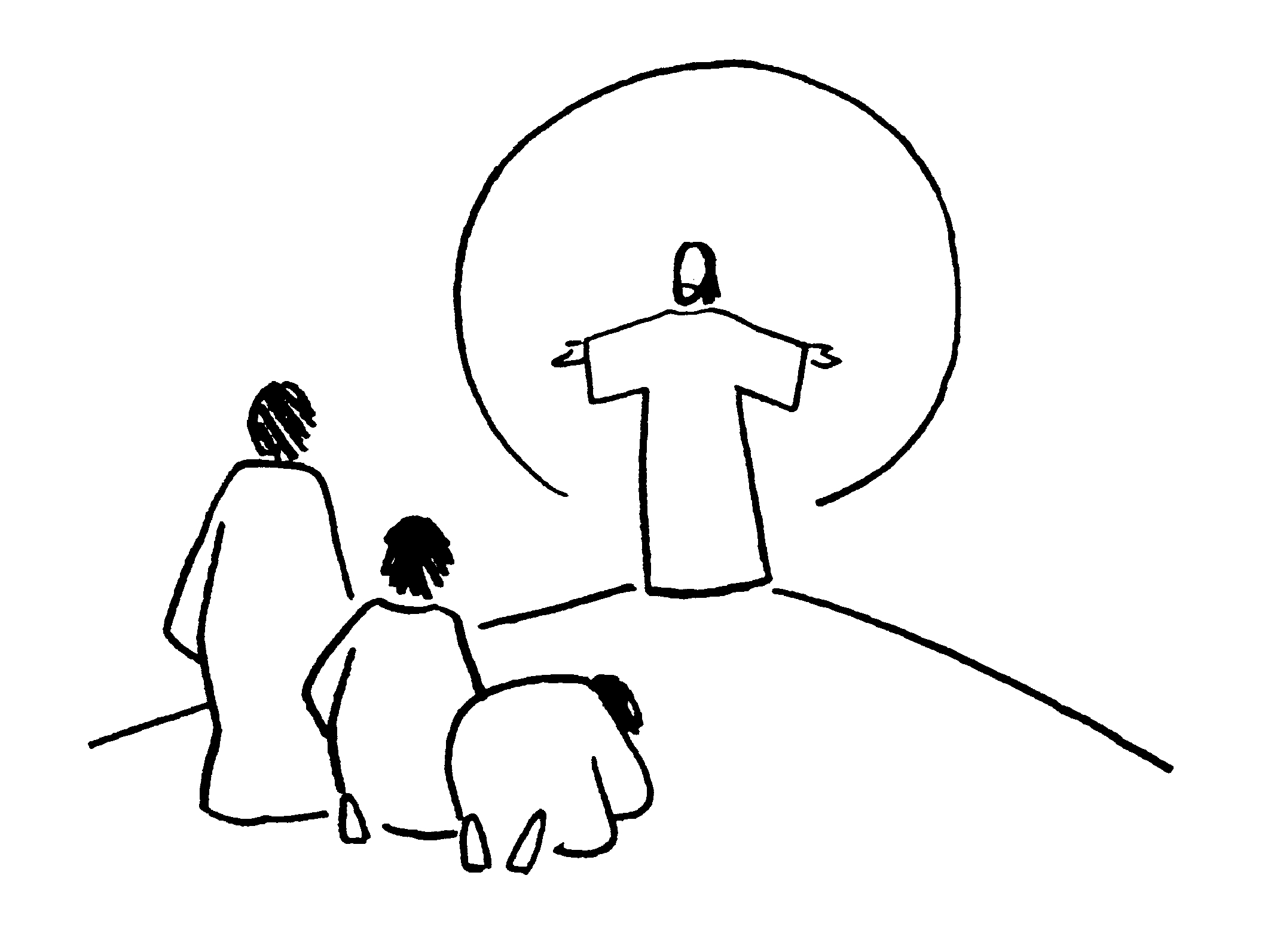 Coloriage de Jésus avec un enfant dans un décor naturel