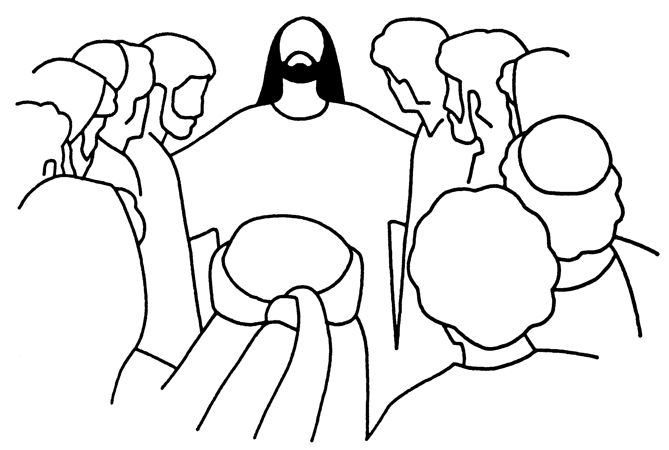 Coloriage représentant Jésus avec des enfants dans un décor paisible