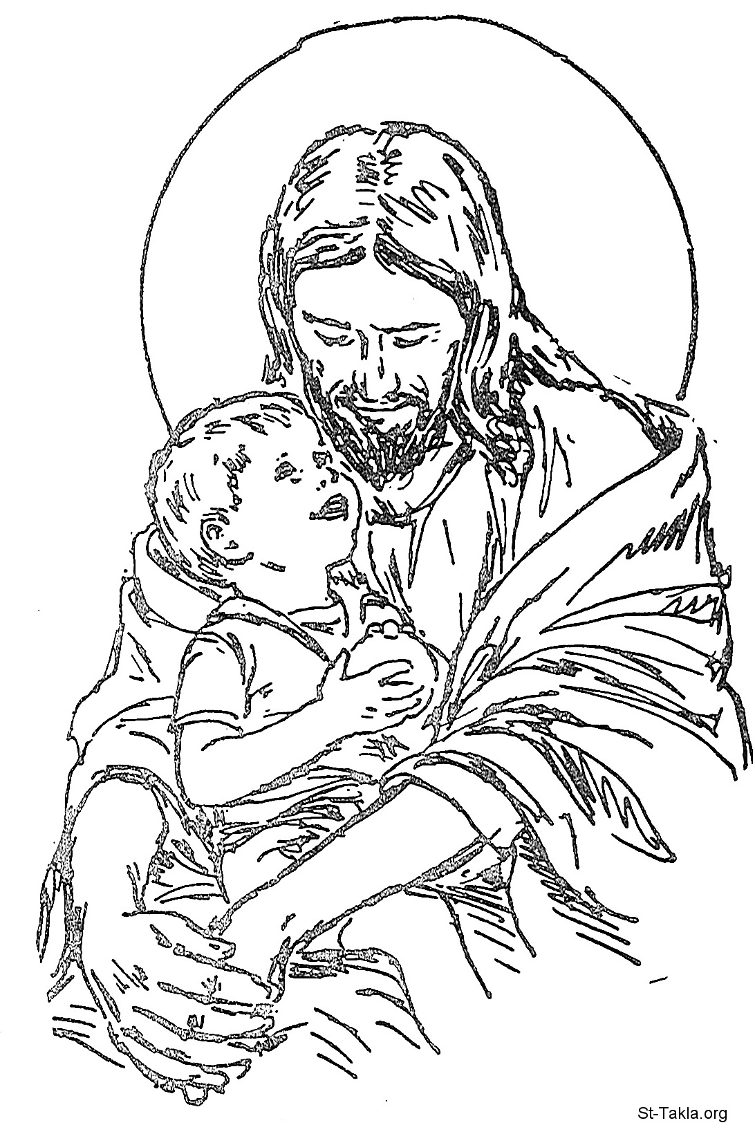 Coloriage de Jésus portant une tunique, entouré d'enfants dans un paysage paisible