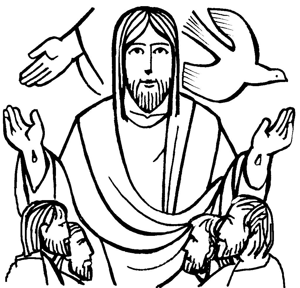 Coloriage de Jésus entouré d'enfants dans un décor naturel