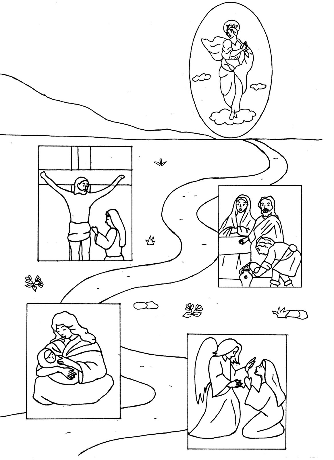Coloriage de Jésus entouré d'enfants dans un cadre paisible