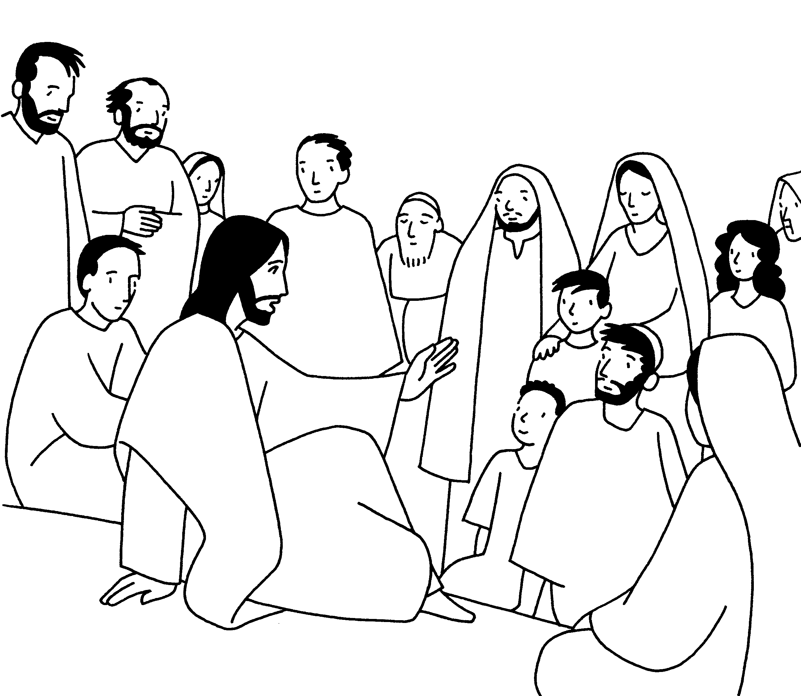 Coloriage de Jésus entouré d'enfants dans un cadre paisible