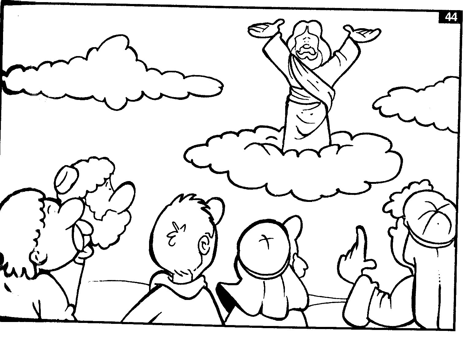 Coloriage de Jésus prêchant avec des enfants dans un paysage paisible