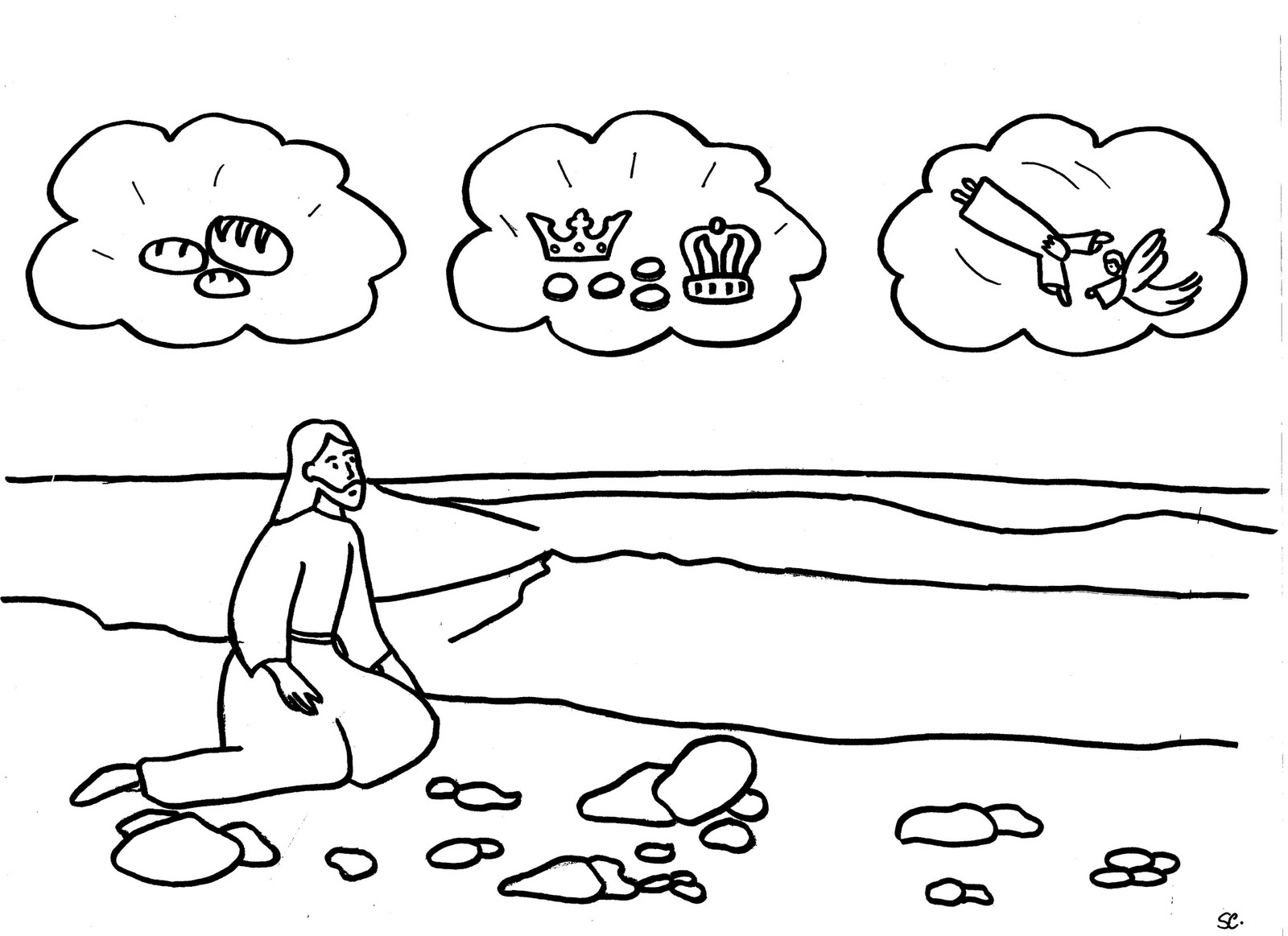 Coloriage de Jésus entouré d'enfants dans un décor paisible
