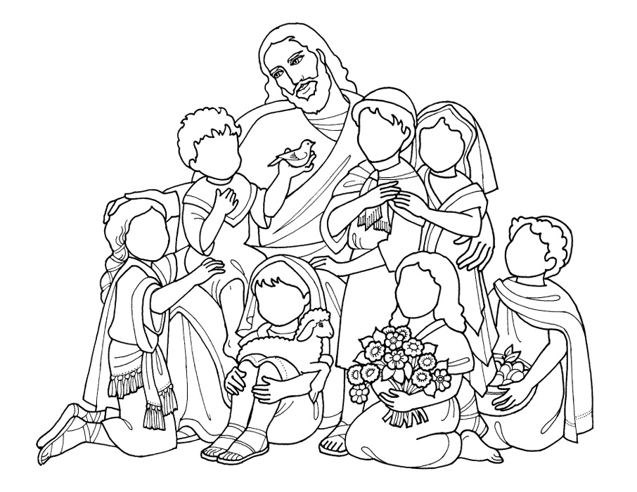 Coloriage de Jésus prêchant entouré de fidèles dans un paysage paisible
