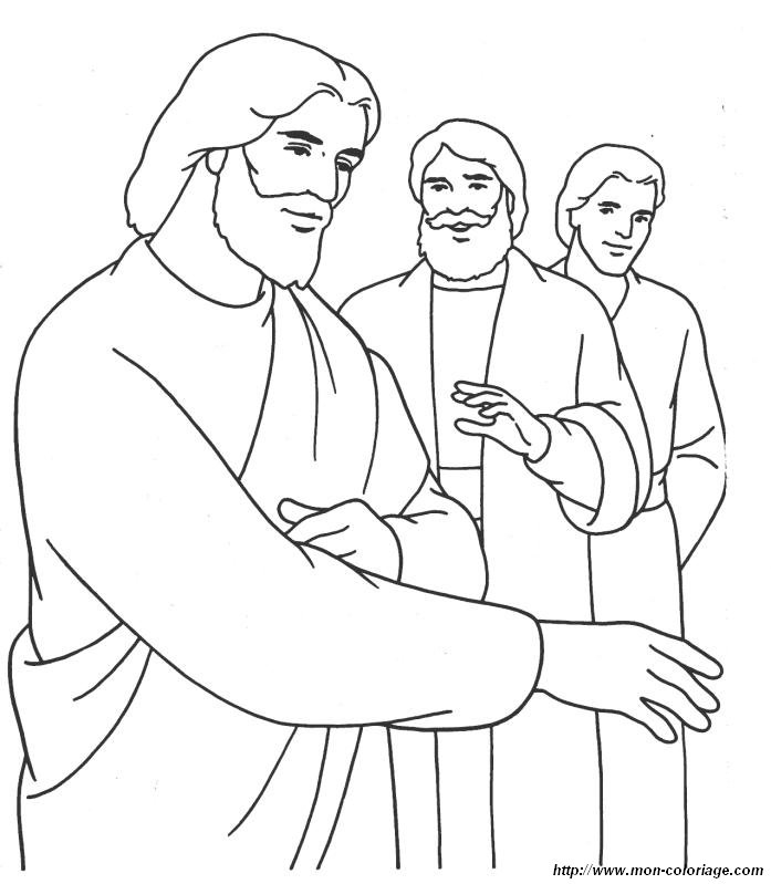 Coloriage représentant Jésus prêchant avec des enfants et une nature apaisante