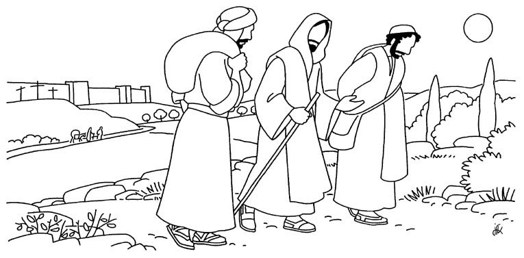 Coloriage de Jésus entouré d'enfants dans un paysage paisible